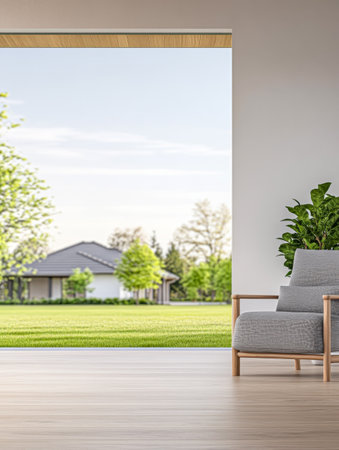 A cozy living area features a stylish chair positioned near a large open window, showcasing a vibrant green landscape and a house under the clear blue sky.の素材