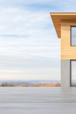 A contemporary house features a wooden upper structure and a concrete base, set against a picturesque view of rolling hills and an expansive sky, showcasing serene natural beauty.の素材
