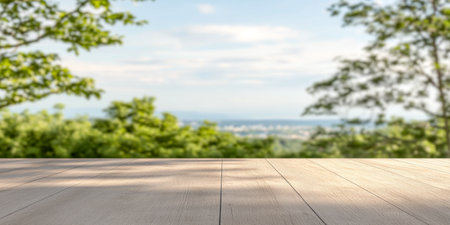 A wooden table sits in the foreground, showcasing a vibrant green forest in the background under a clear blue sky. Sunlight filters through the leaves, creating a serene atmosphere.の素材