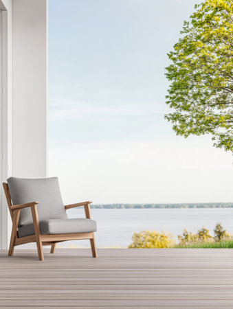 A modern wooden chair sits on a spacious deck overlooking a serene lake. Lush trees provide a vivid backdrop under a clear blue sky, creating a tranquil outdoor retreat.の素材