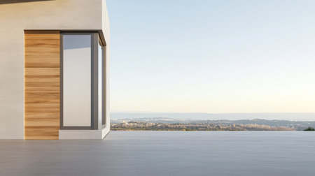 A contemporary building features large windows with wooden accents, showcasing panoramic views of rolling hills during sunset, enhancing the serene environment.の素材