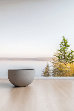 In a spacious area, a large, round bowl rests on the floor, while a lush tree stands beside a peaceful lake reflecting the soft colors of the morning sky.の素材