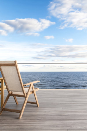 A wooden deck chair is positioned on a seaside patio, providing a serene view of the tranquil ocean and the beautiful sky, perfect for relaxation and enjoying nature.の素材