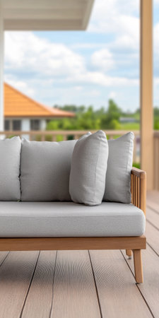 A comfortable outdoor sofa with soft grey cushions rests on a wooden balcony. The space enjoys bright sunlight and offers a view of green scenery and nearby rooftops.の素材