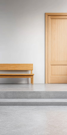 A simple, stylish interior showcases a wooden bench positioned against a wall, complemented by a wooden door, all styled in soft, neutral shades for a contemporary feel.の素材