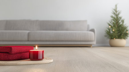 A warm living room features a lit candle on a wooden tray along with red blankets. A small Christmas tree adds a festive touch, creating a cozy atmosphere perfect for the holidays.の素材