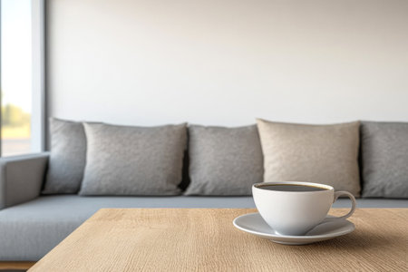 A simple and inviting living room showcases a wooden table with a steaming coffee cup and a comfortable gray sofa adorned with pillows, creating a warm atmosphere for relaxation.の素材