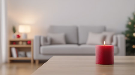 A warm and inviting living room features a lit red candle on a wooden table, complemented by a beige sofa and a beautifully decorated Christmas tree in the background.の素材