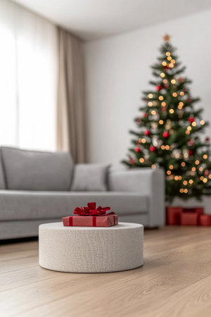 The cozy living room features a beautifully decorated Christmas tree in the background, glowing softly with lights. A carefully wrapped gift, adorned with a red ribbon, sits on a table.の素材