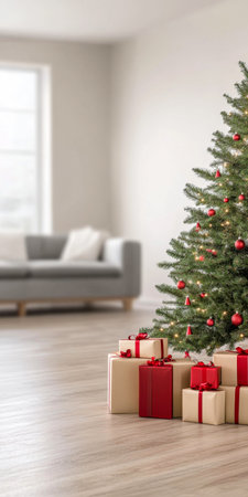 A beautifully adorned Christmas tree stands in a cozy living room, surrounded by neatly wrapped gifts in shades of red and brown.の素材
