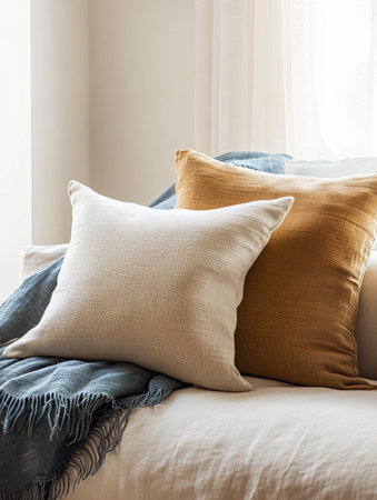 A serene living area features two decorative pillows in soft textures, complemented by a cozy throw blanket. Natural light filters through the window, illuminating the inviting space.の素材
