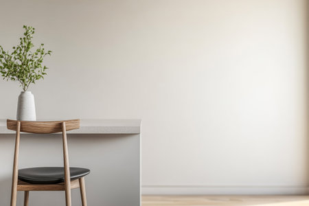 A cozy and modern room features a wooden chair beside a sleek countertop. A simple vase with greenery adds a touch of nature to the minimalist design, creating a calm atmosphere.の素材