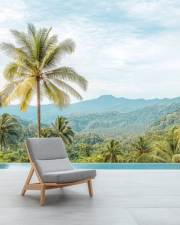 A comfortable chair sits by the edge of a serene pool, surrounded by vibrant palm trees and majestic mountains under a partly cloudy sky. The tranquil atmosphere invites relaxation.の素材