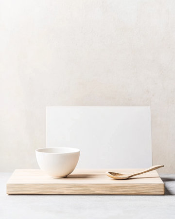 A simple table arrangement features a white bowl and a wooden spoon placed on a wooden surface against a neutral background. The scene evokes a serene and minimalist aesthetic.の素材