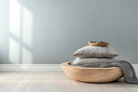 A serene interior showcases a wooden bowl holding stones atop two soft cushions. Natural light streams through a window, enhancing the calming atmosphere of the space.の素材