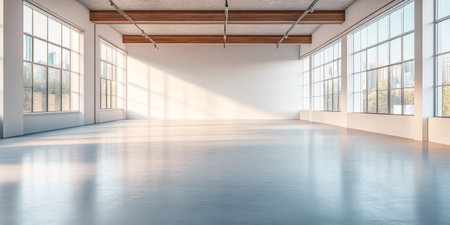A bright and open studio space features expansive windows allowing sunlight to flood in. The minimalist design creates a serene atmosphere, ideal for creative activities or gatherings.の素材