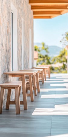 A serene terrace features wooden tables and stools, bathed in sunlight. The inviting space overlooks lush greenery and distant hills, perfect for relaxation in the afternoon.の素材