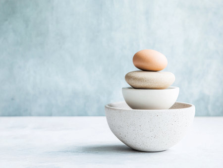 An arrangement of four bowls in varying sizes sits on a smooth surface, with natural stones balanced on top of each bowl. The soft color palette creates a tranquil atmosphere.の素材