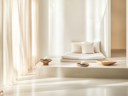 This tranquil relaxation area features soft cushions and scented candles, bathed in natural light. The minimalist design and soothing colors create a calming ambiance perfect for unwinding.の素材