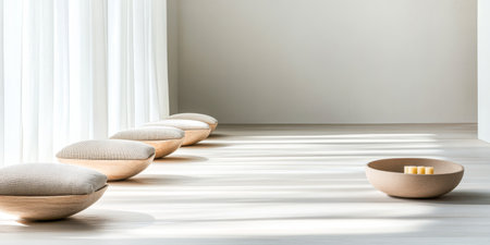A serene, minimalist space features a row of soft cushions on rounded wooden bases and a gentle bowl holding candles. Natural light filters through sheer curtains, creating a tranquil atmosphere.の素材