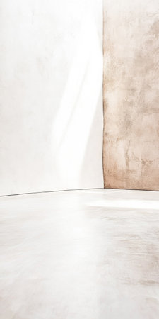 A bright and minimalistic interior showcases textured walls with a smooth floor. Sunlight streams in from the corner, creating a calm and serene atmosphere perfect for relaxation.の素材