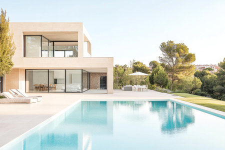A contemporary villa features a sleek design with large glass windows overlooking a tranquil swimming pool. The serene landscape is adorned with trees, providing a peaceful retreat.の素材