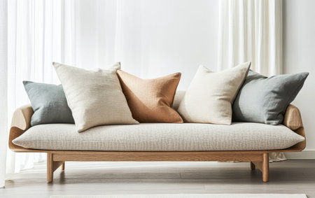 A beautifully styled modern sofa features a variety of decorative pillows in neutral and pastel colors. The bright room is filled with natural light, creating a cozy atmosphere.の素材