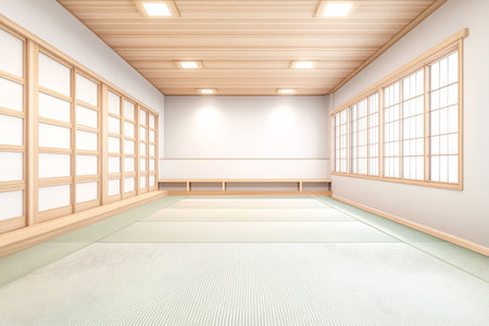 The interior features a minimalist tatami room with wooden paneling and large windows. Soft light fills the space, creating a calm atmosphere, ideal for meditation or relaxation.の素材