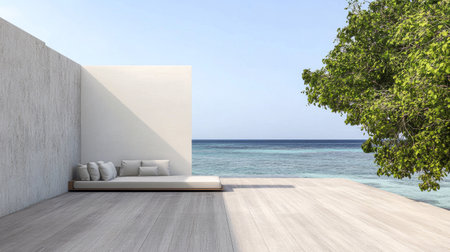 A spacious outdoor area features a simple lounge platform with cushions, embraced by natural beauty and the tranquil ocean in the background, creating a peaceful escape.の素材