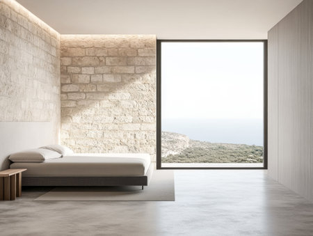 A serene bedroom features a minimalist design with a neutral palette. The large glass windows provide a breathtaking ocean view, creating a calming atmosphere that encourages relaxation.の素材