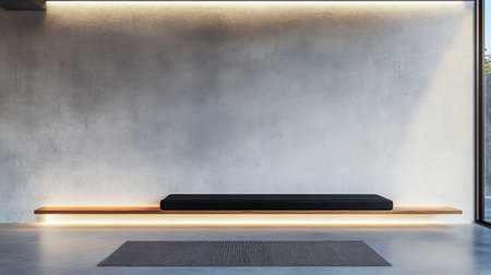 A spacious, minimalist interior showcases a sleek wooden bench illuminated by soft ambient lighting, set against a textured concrete wall. A subtle rug adds warmth to the floor.の素材