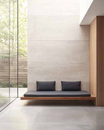 A sleek seating area features a wooden bench with cushions beside large glass windows, inviting natural light and showcasing greenery outside in a tranquil setting.の素材