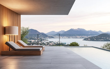 Two comfortable lounge chairs are positioned by a tranquil infinity pool, overlooking a picturesque lake and mountain backdrop during a serene sunset.の素材