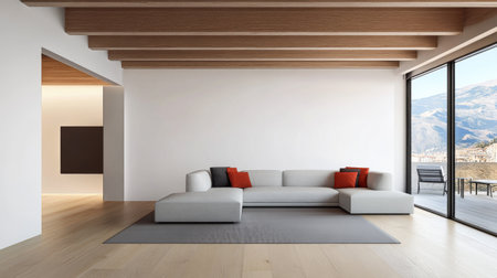 A spacious living room features a light gray sofa adorned with red cushions, large windows providing views of the mountains, and bright natural light illuminating the wooden beams above.の素材