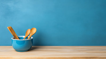 A cozy kitchen setup features a blue bowl holding several wooden spoons, placed on a rustic wooden countertop. The blue wall adds a pop of color, enhancing the inviting atmosphere.の素材