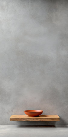 A wooden shelf displays a single brown bowl, creating a minimalist aesthetic. The backdrop features a soft gray texture, enhancing the simplicity of the arrangement.の素材