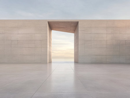 A minimalist structure showcases an open doorway that invites the dawn light. The horizon stretches beyond, creating a tranquil atmosphere that merges architecture with nature.の素材