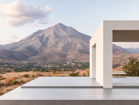 A minimalist structure overlooks expansive mountains, highlighting the harmony between nature and architecture. The peaceful surroundings create a tranquil atmosphere, ideal for relaxation.の素材