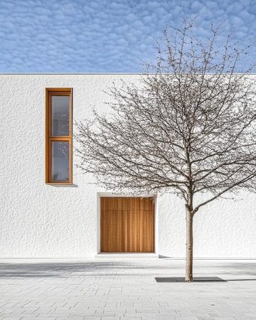 A minimalist house showcases a clean white exterior with a wooden door. A leafless tree stands in front, adding natural contrast to the modern design against a bright blue sky.の素材