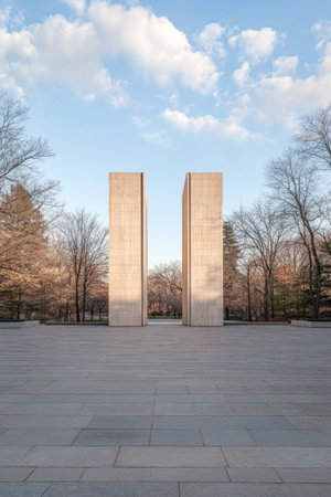 Tall concrete pillars stand prominently in a serene park. Surrounded by bare trees and a clear blue sky, the area exudes tranquility on a sunny day.の素材