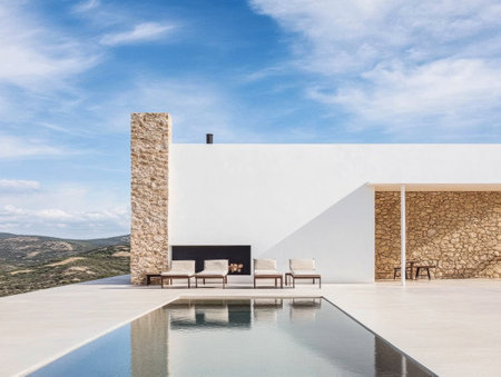 A sleek outdoor space features a calm pool, minimalist furniture, and a stone wall. The expansive view showcases rolling hills under a bright blue sky, creating a serene atmosphere for relaxation.の素材