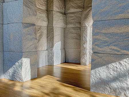 Sunlight filters through the angular stone walls of a minimalist interior, casting shadows on the smooth wooden floor. The architectural design creates a peaceful ambiance for reflection.の素材