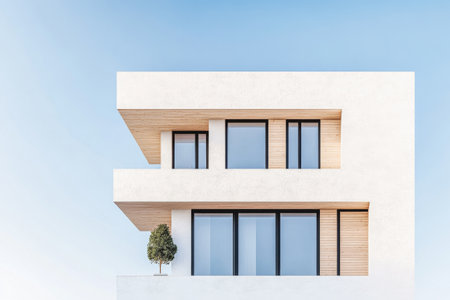 A contemporary building showcases clean lines and a minimalist aesthetic with expansive windows and a small tree, perfectly blending modern architecture with its surroundings.の素材