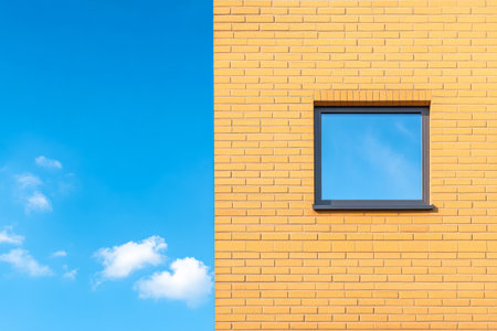 A vibrant yellow brick wall features a single, clear window, contrasting beautifully with a bright blue sky dotted with fluffy clouds. The composition emphasizes modern architecture and simplicity.の素材