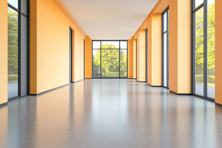 A large and airy room features bright orange walls and expansive windows. Natural light floods in, illuminating the polished floor with views of greenery outside.の素材