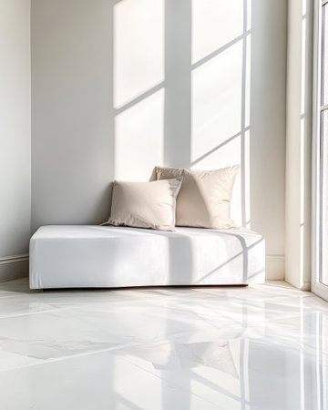 A sleek white seating area features two soft cushions, illuminated by sunlight streaming in through large windows.の素材