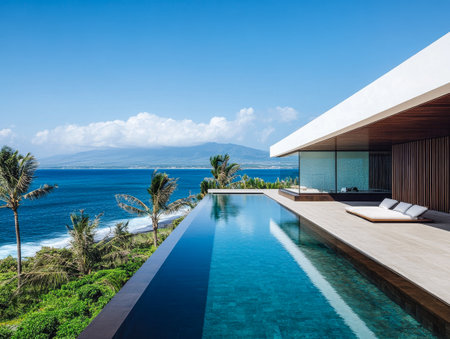 A modern villa features a stunning infinity pool that seamlessly blends with the ocean. Lush greenery surrounds the property, offering breathtaking views of the coastline and distant mountains.の素材