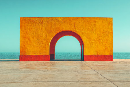 A vibrant yellow archway stands prominently beside the ocean, creating a striking contrast against the serene blue water and clear sky, inviting viewers to explore its unique design.の素材