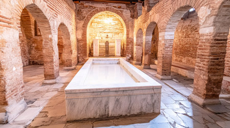 A beautifully preserved Roman bathhouse features a large marble basin surrounded by arched columns and old brick walls. The afternoon sunlight creates a warm glow in the tranquil space.の素材