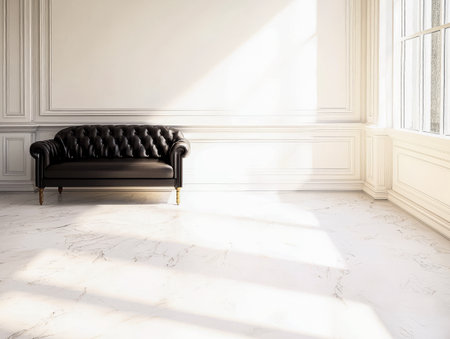 A stylish black Chesterfield sofa is positioned in a bright, minimalist room adorned with white walls and large windows, letting in soft natural light onto the marble floor.の素材
